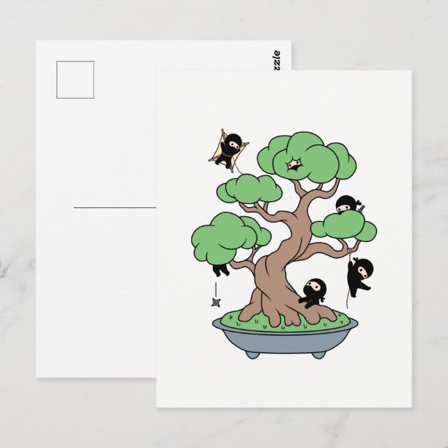 Små Ninjas i Bonsai Träd Vykort (Fram/baksida)