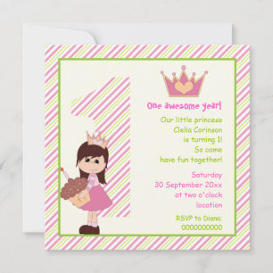 Små prinsessor 1-årsdag rosa grön inbjudningar