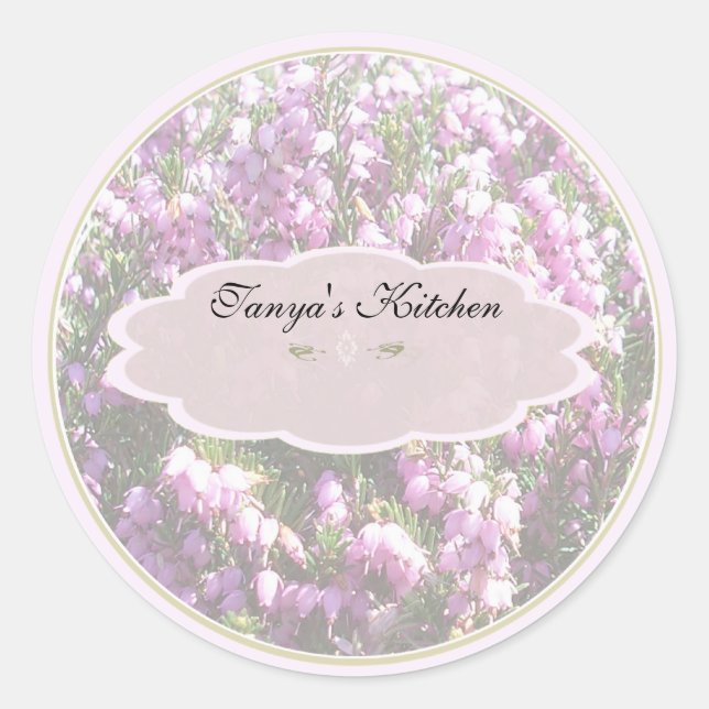 Små rosa blomkryddor burk-etiketter runt klistermärke (Framsida)