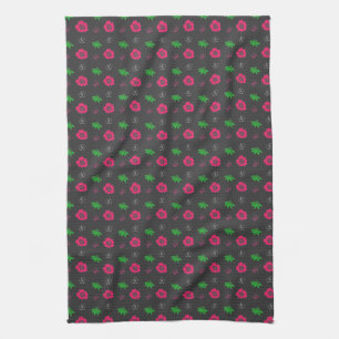 små rosa blommor och gröna blad. Grafisk blomma Kökshandduk