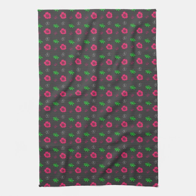 Små rosa blommor och grönt löv. Grafikflöde Kökshandduk (Vertikal)