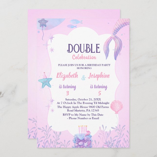 Små Sjöjungfruar Dubbla Firande födelsedag Inbjudningar (Fram/baksida)