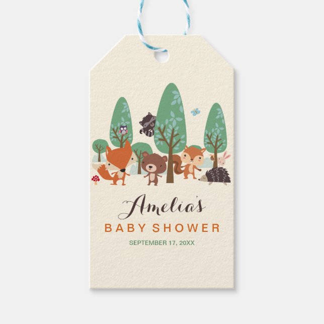 Små skogsvänners presentkort för baby shower presentetikett (Framsidan)