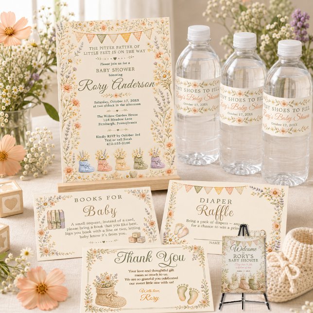 Små Skor att Fylla Blommig Bebis Shower Inbjudningar (Tiny Shoes to Fill Floral Baby Shower Suite)