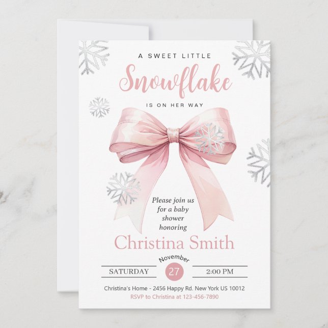 Små snöflingor på Rosa Bow Baby Shower Inbjudningar (Framsida)