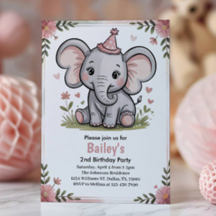 Små söta rosa elefant 2-års födelsedagsfest inbjudningar