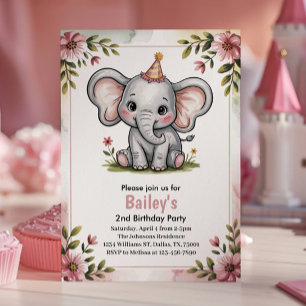 Små söta rosa elefant 2-års födelsedagsfest inbjudningar