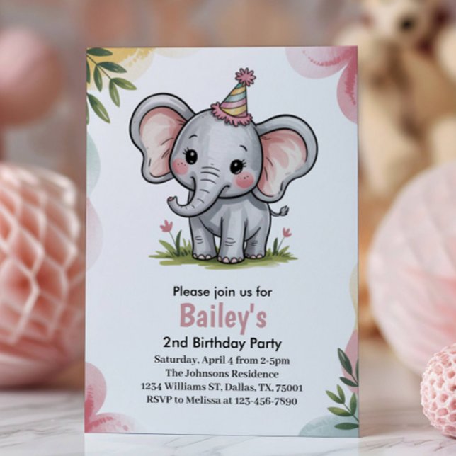 Små söta rosa elefanter 2-års födelsedagsfest inbjudningar (Skapare uppladdad)