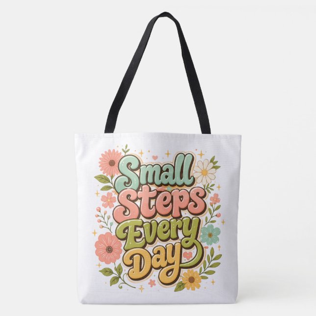 Små steg varje dag Blommig Retro Motiverande  Tygkasse (Framsida)