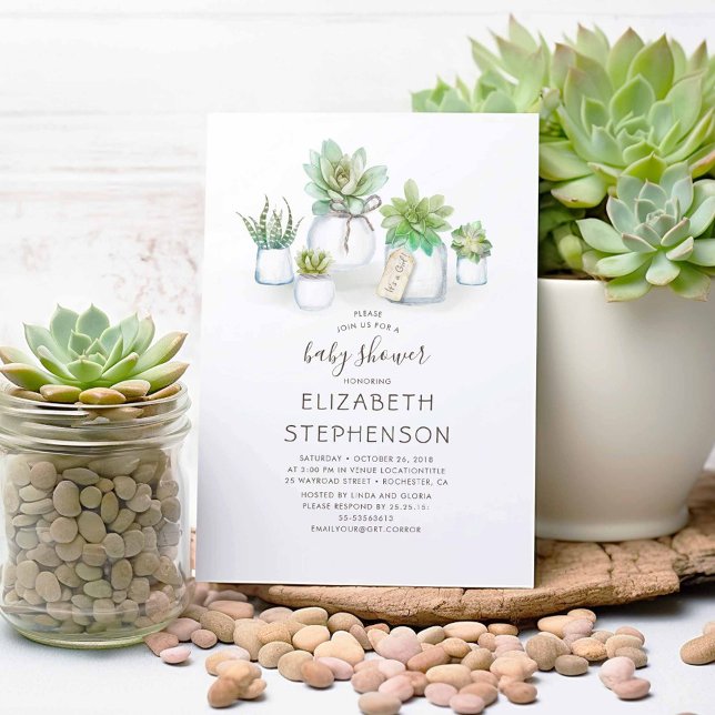 Små Succulents Mason Burk Rustic Baby Shower Inbjudningar (Succulents Mason Jars Cute Rustic Baby Shower Invitations)