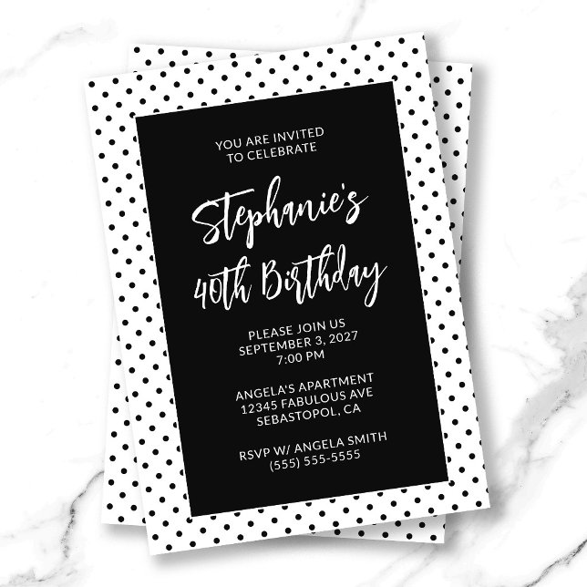 Små svarta prickar Fet 40-årsdag Inbjudningar (Tiny Black Polka Dots Bold 40th Birthday Invitation)