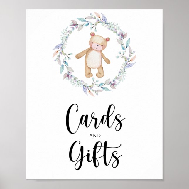 små teddybjörn-kort och presenter baby shower poster (Framsidan)