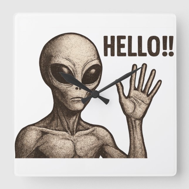 Små träffar: Alien Hälsning Fyrkantig Klocka (Framsida)