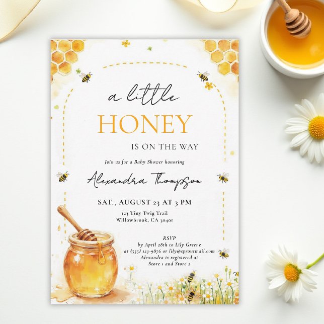 Små Vilda Blommor Sommarbåge Barnkalas Inbjudningar (a little honey baby shower bee theme invitation spring summer watercolor elegant floral bumblebee)