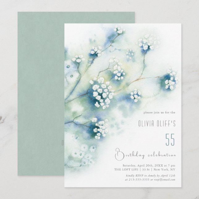 Små vita blommor födelsedag oavsett ålder inbjudningar (Fram/baksida)