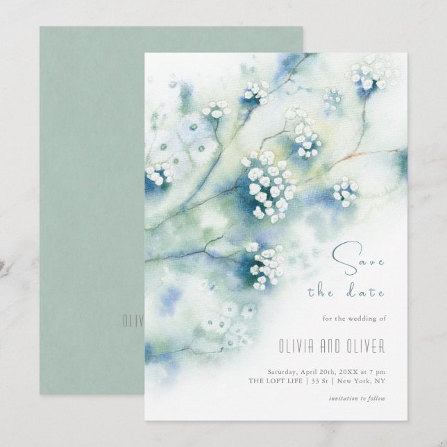 Små vita blommor sparar datumet inbjudningar (Fram/baksida)