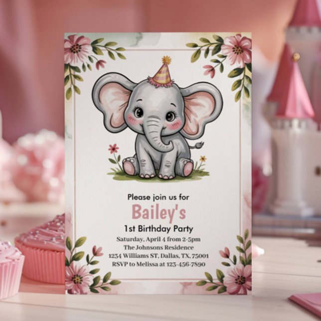 Småbarn Rosa Elefant Söt 1-års Födelsedagsfest Inbjudningar (Skapare uppladdad)