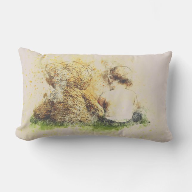 Småbarn sitta med Nalle Lumbarkudde (Framsida)