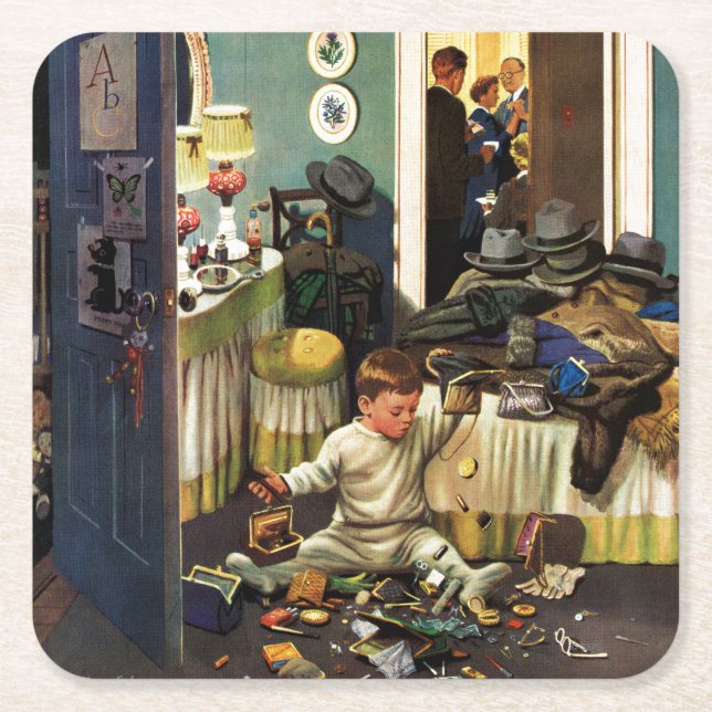 Småbarn tömmer handväskor underlägg papper kvadrat (Framsidan)