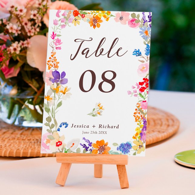 Småblommor i blommigten bröllop bordsnummer (Boho garden summer floral wildflowers wedding table number)