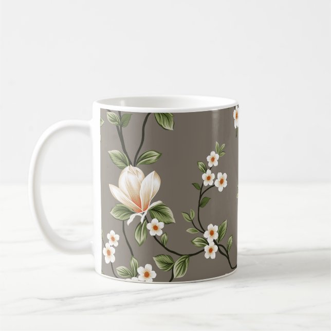 Småblommor med grönt löv mönster o kaffemugg (Vänster)