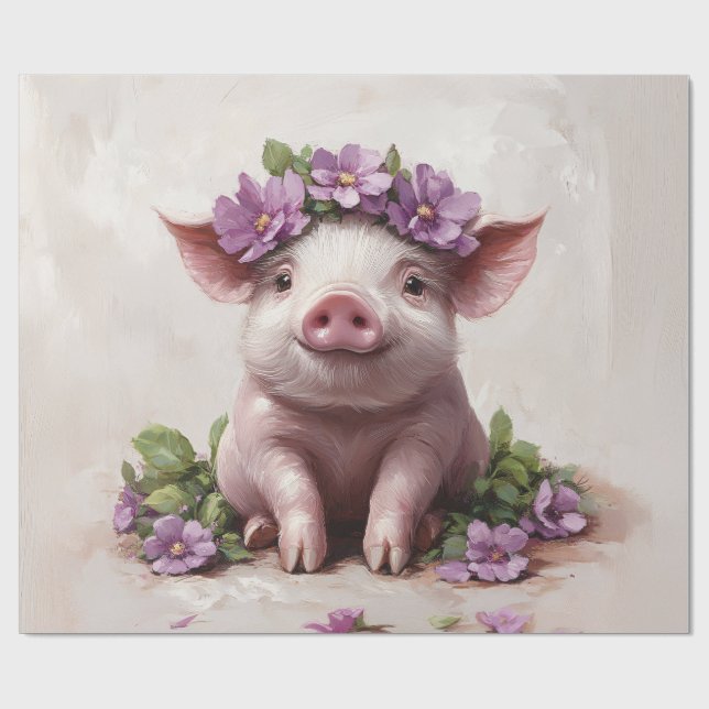 Smågrisar i Lila Flower Krona Decoupage Presentpapper (Platt)