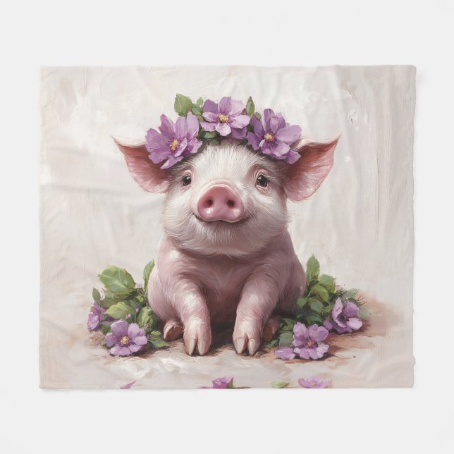 Smågrisar i Lila Flower Krona Fleecefilt (Framsidan (Horisontell))