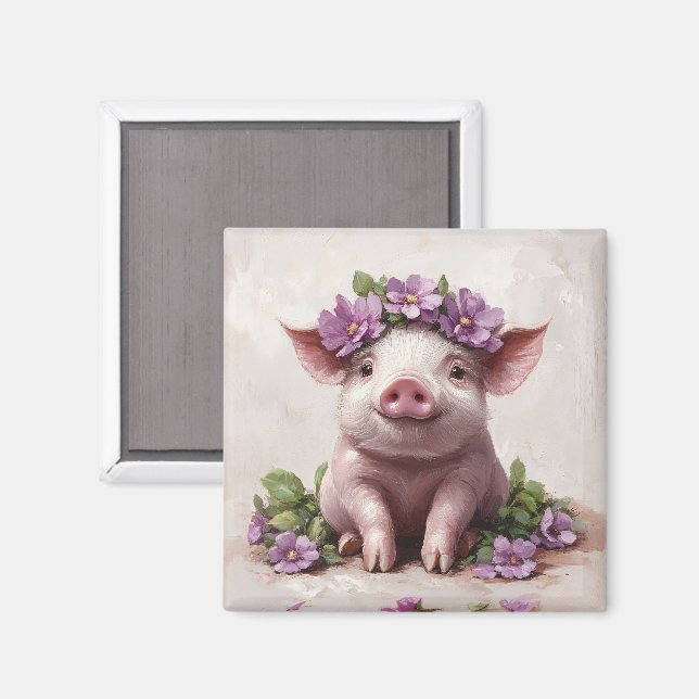 Smågrisar i Lila Flower Krona Magnet (Front/Back)