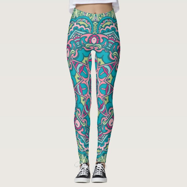 Smaklig bohemisk Stil-turkos och Rosa Leggings (Framsida)