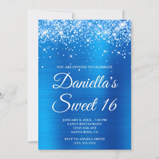Smaklig glittery Bright Blue Foil Sweet 16 Inbjudningar (Framsida)
