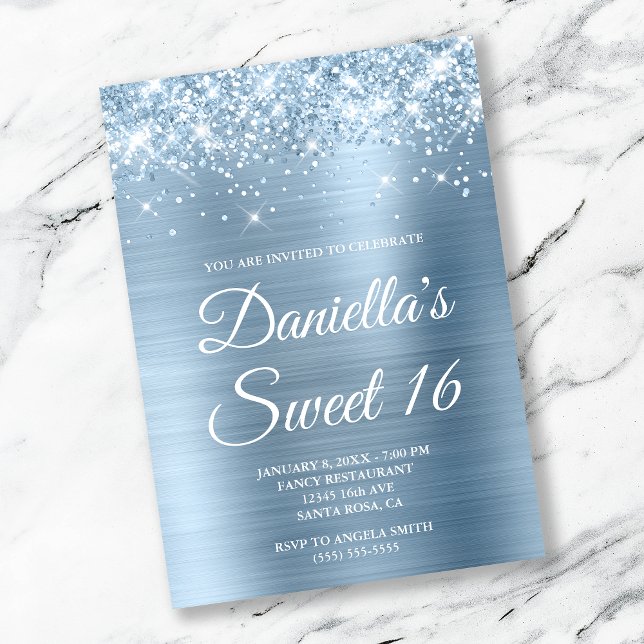Smaklig glittery Light Blue Foil Sweet 16 Inbjudningar (Skapare uppladdad)