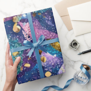 Smaklig glittery Lila Blue och Guld Löv Presentpapper