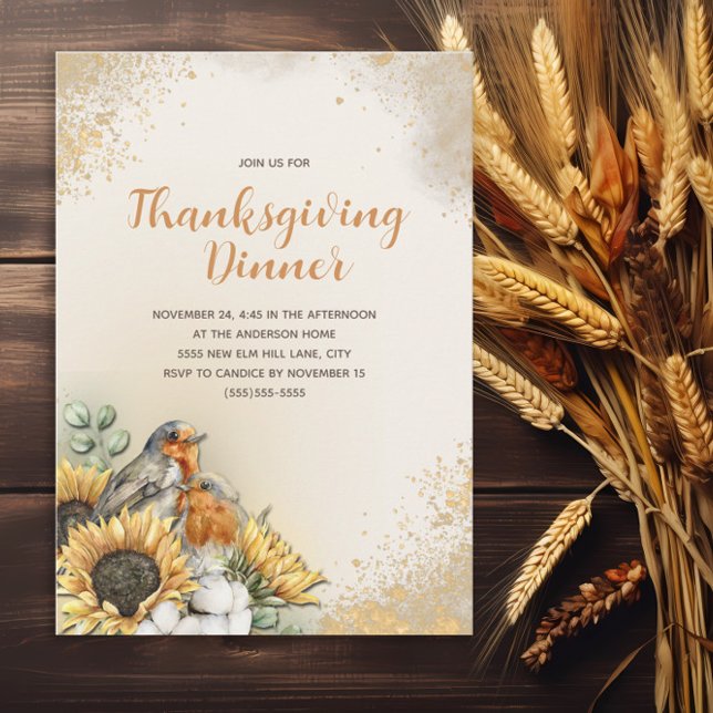Smaklig julmiddag Höst Fåglar Solrosor Inbjudningar (Sunflowers and bird Thanksgiving Dinner invitation)