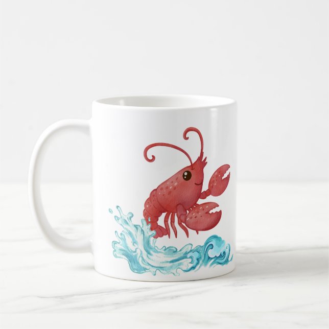 Smaklig röd hummer som kommer från stiliserad blå  kaffemugg (Vänster)