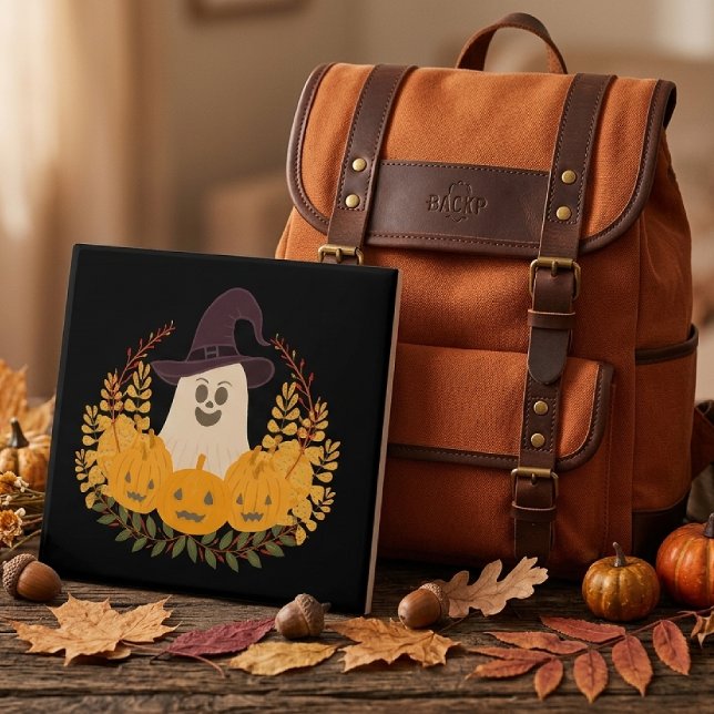 Smakligot spök- och pumpa höstkrans kakelplatta (Skapare uppladdad)