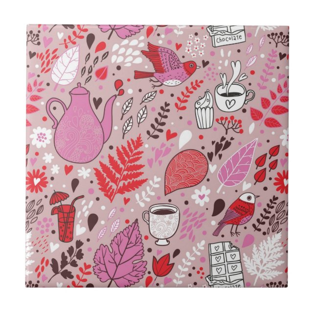 Smakligt mönster med fåglar och blommor kakelplatta (Framsidan)