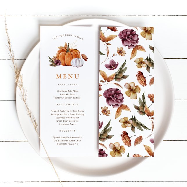 Smakmeny för Thanksgiving-pumpa Meny (Rustic fall harvest Thanksgiving Pumpkin Menu, watercolor autumn florals by Painted Paperie
)
