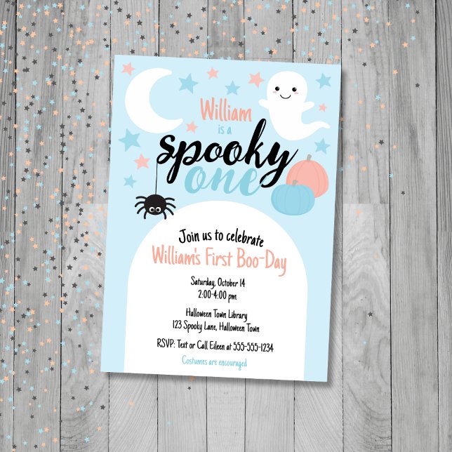 Smakoky en blå inbjudan till första födelsedag (Spooky One First Birthday Invitation)