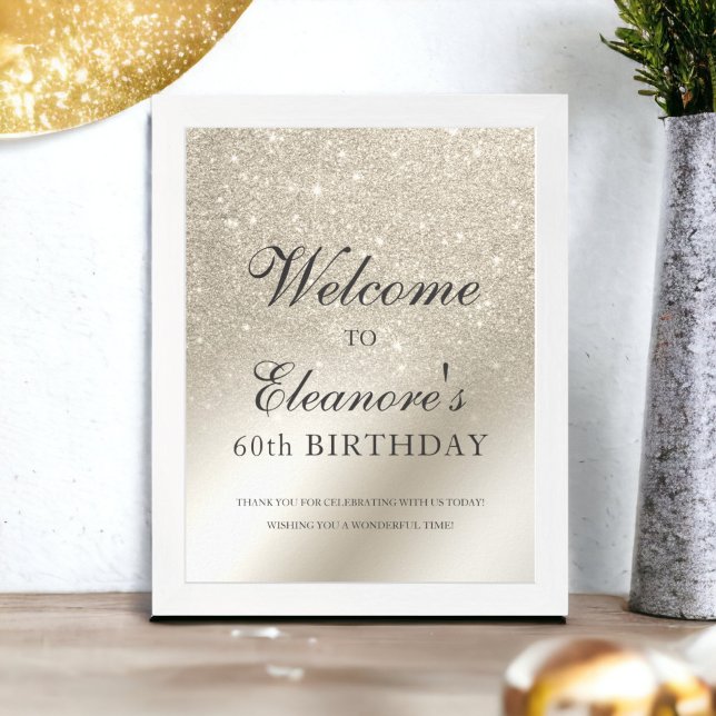 Smal, elfenben, glitter, välkomstfödelsedag poster (pearl ivory glitter metallic welcome birthday poster)