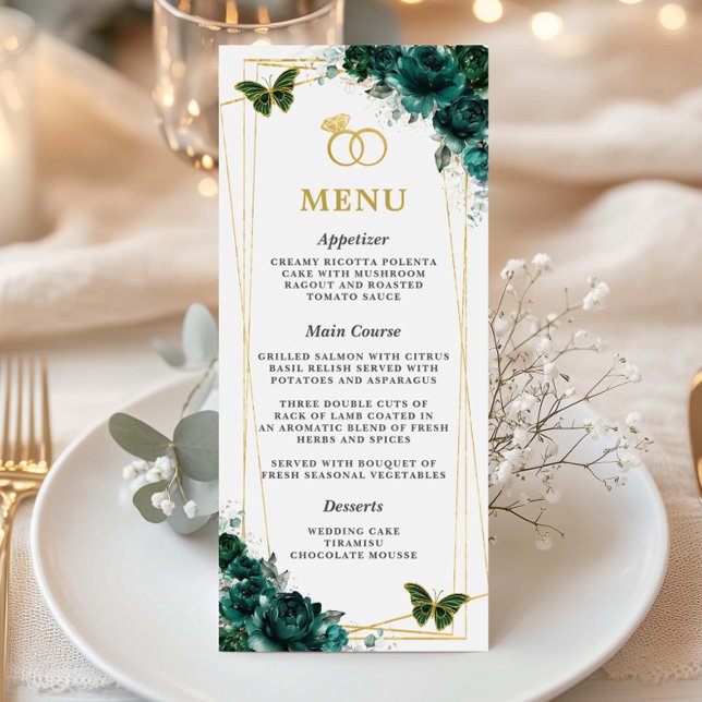 Smal meny för bröllop med smaragdgröna blommande f (emerald-green-floral-gold-geometric-butterflies-slim-menu-cards-for-wedding-intertwined-gold-rings)