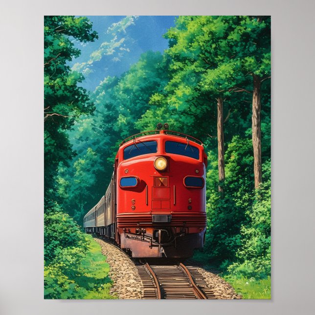 Smal Röd Lokomotiv Tåg Bergsskog Poster (Framsidan)