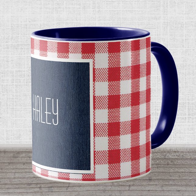 Smala Font Drk Blue Denim Red White Gingham Check Mugg (Skapare uppladdad)