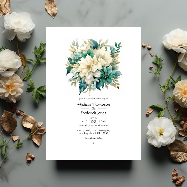 Smalakakt, kräm och guld bröllop med blommotiv inbjudningar (Skapare uppladdad)