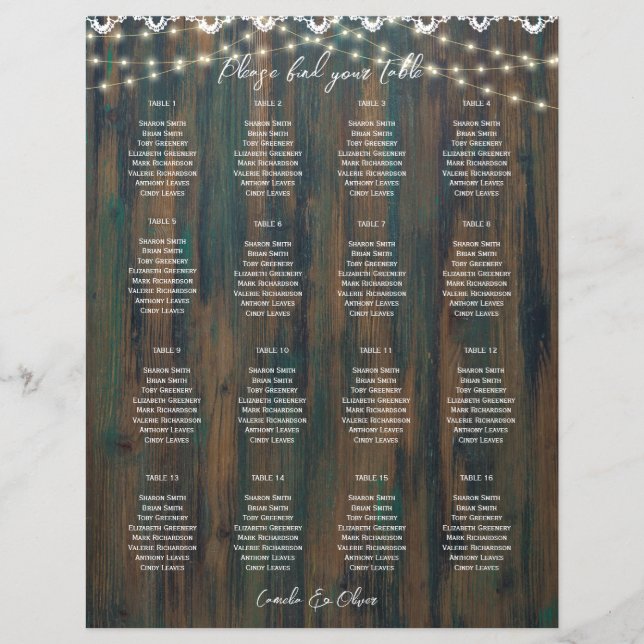 SMALL 16 Bord Rustic Wood Snöre SATING CHART (Framsida)