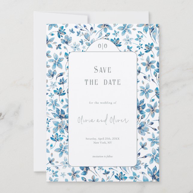 Small Blåa blommor Bröllop spara datum Inbjudningar (Framsida)