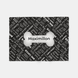 SMALL Black med vit Hund Bone och Namn Fleecefilt