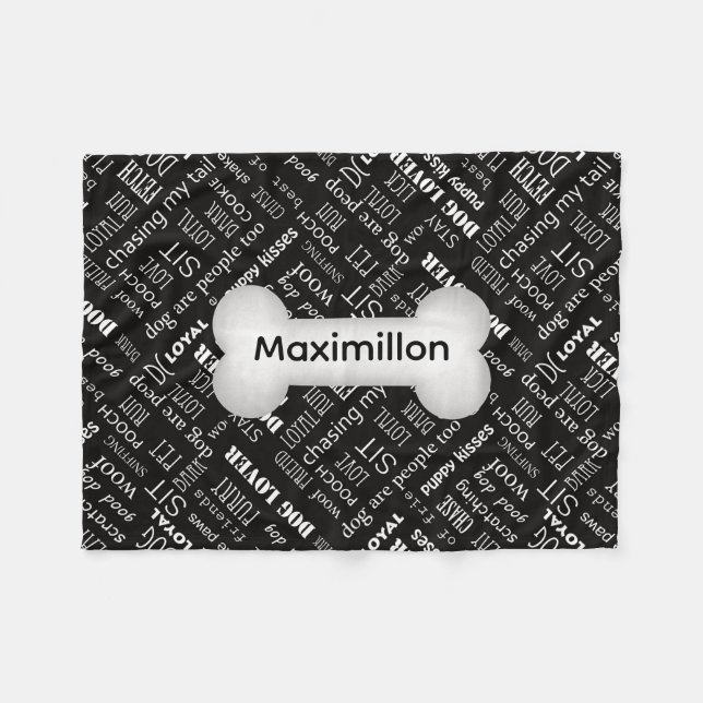 SMALL Black med vit Hund Bone och Namn Fleecefilt (Framsidan (Horisontell))