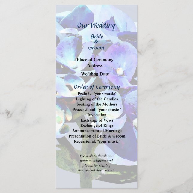 Small Blue Hydrangea-Bröllopsprogram Program (Framsida)