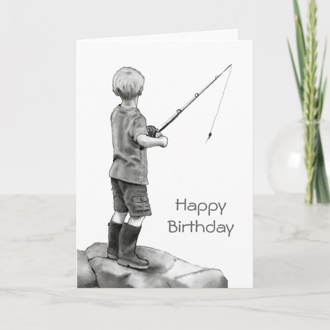 Small Boy Fishing: Original Pencil Teckning Kort (Framsida)