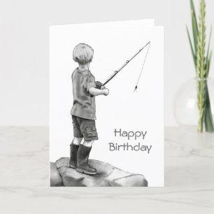Small Boy Fishing: Original Pencil Teckning Kort